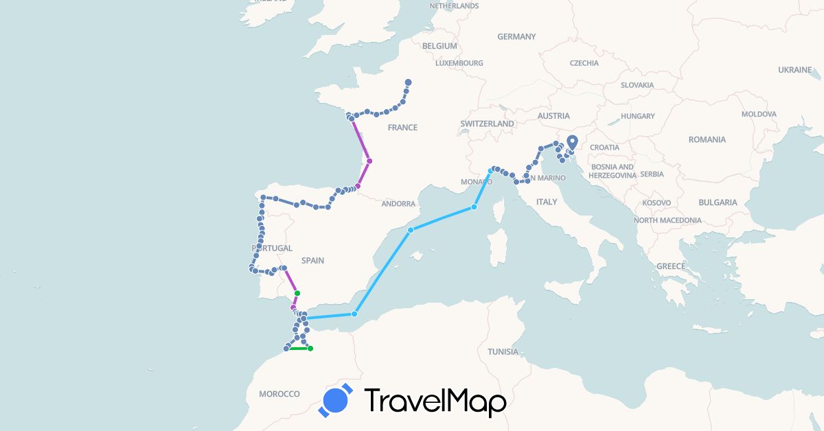 TravelMap itinerary: driving, bus, cycling, train, boat in Spain, France, Croatia, Italy, Morocco, Portugal, Slovenia (Africa, Europe)